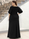 A-Line Beads Half Sleeves Plus Size Long Wedding Guest Dress