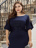 A-Line Beads Half Sleeves Plus Size Long Wedding Guest Dress