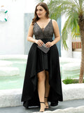 A-Line Empire-Waist V-Neck High Low Sleeveless Plus Size Evening Dress