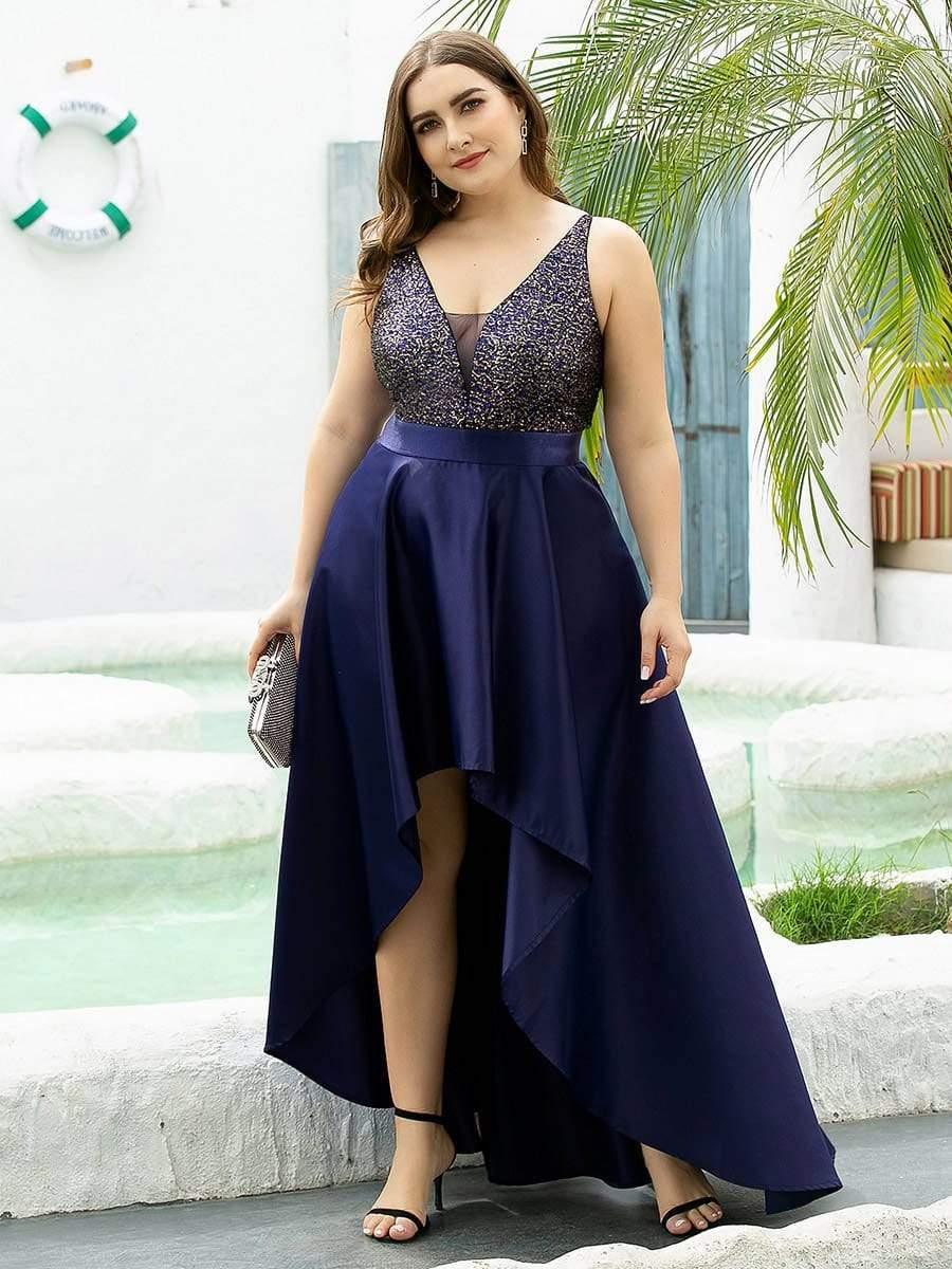 A-Line Empire-Waist V-Neck High Low Sleeveless Plus Size Evening Dress
