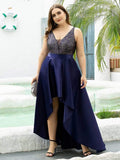 A-Line Empire-Waist V-Neck High Low Sleeveless Plus Size Evening Dress