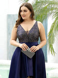 A-Line Empire-Waist V-Neck High Low Sleeveless Plus Size Evening Dress