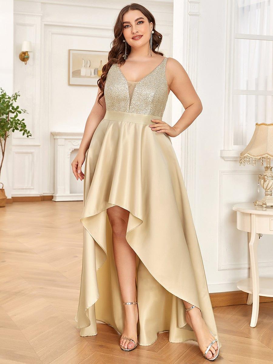 A-Line Empire-Waist V-Neck High Low Sleeveless Plus Size Evening Dress