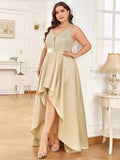 A-Line Empire-Waist V-Neck High Low Sleeveless Plus Size Evening Dress