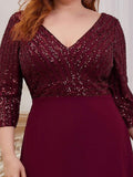 Plus Size V-Neck A-Line Empire-Waist Formal Evening Dress with Long Sleeves