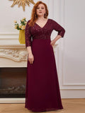 Plus Size V-Neck A-Line Empire-Waist Formal Evening Dress with Long Sleeves