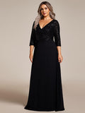 Plus Size V-Neck A-Line Empire-Waist Formal Evening Dress with Long Sleeves