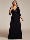 Plus Size V-Neck A-Line Empire-Waist Formal Evening Dress with Long Sleeves
