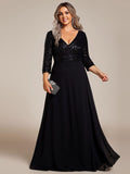 Plus Size V-Neck A-Line Empire-Waist Formal Evening Dress with Long Sleeves