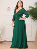 Plus Size V-Neck A-Line Empire-Waist Formal Evening Dress with Long Sleeves