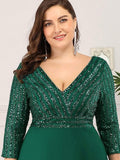 Plus Size V-Neck A-Line Empire-Waist Formal Evening Dress with Long Sleeves