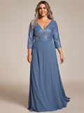 Plus Size V-Neck A-Line Empire-Waist Formal Evening Dress with Long Sleeves