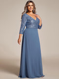 Plus Size V-Neck A-Line Empire-Waist Formal Evening Dress with Long Sleeves