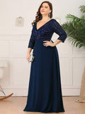 Plus Size V-Neck A-Line Empire-Waist Formal Evening Dress with Long Sleeves