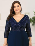 Plus Size V-Neck A-Line Empire-Waist Formal Evening Dress with Long Sleeves