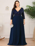 Plus Size V-Neck A-Line Empire-Waist Formal Evening Dress with Long Sleeves