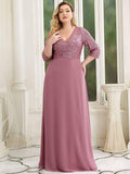 Plus Size V-Neck A-Line Empire-Waist Formal Evening Dress with Long Sleeves