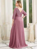 Plus Size V-Neck A-Line Empire-Waist Formal Evening Dress with Long Sleeves