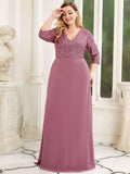 Plus Size V-Neck A-Line Empire-Waist Formal Evening Dress with Long Sleeves