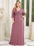 Plus Size V-Neck A-Line Empire-Waist Formal Evening Dress with Long Sleeves