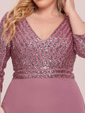 Plus Size V-Neck A-Line Empire-Waist Formal Evening Dress with Long Sleeves