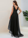 A-Line Illusion V-Neck Ruched Sleeveless Empire-Waist Tulle Evening Dresses