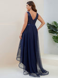 A-Line Illusion V-Neck Ruched Sleeveless Empire-Waist Tulle Evening Dresses
