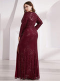 Bodycon Long Sleeves Plus Size V-Neck Sequin Formal Evening Gown with Slit