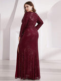 Shiny V-Neck Sequined Long Sleeves Evening Dress with High Slit