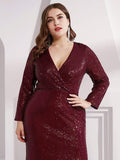 Bodycon Long Sleeves Plus Size V-Neck Sequin Formal Evening Gown with Slit