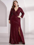 Shiny V-Neck Sequined Long Sleeves Evening Dress with High Slit