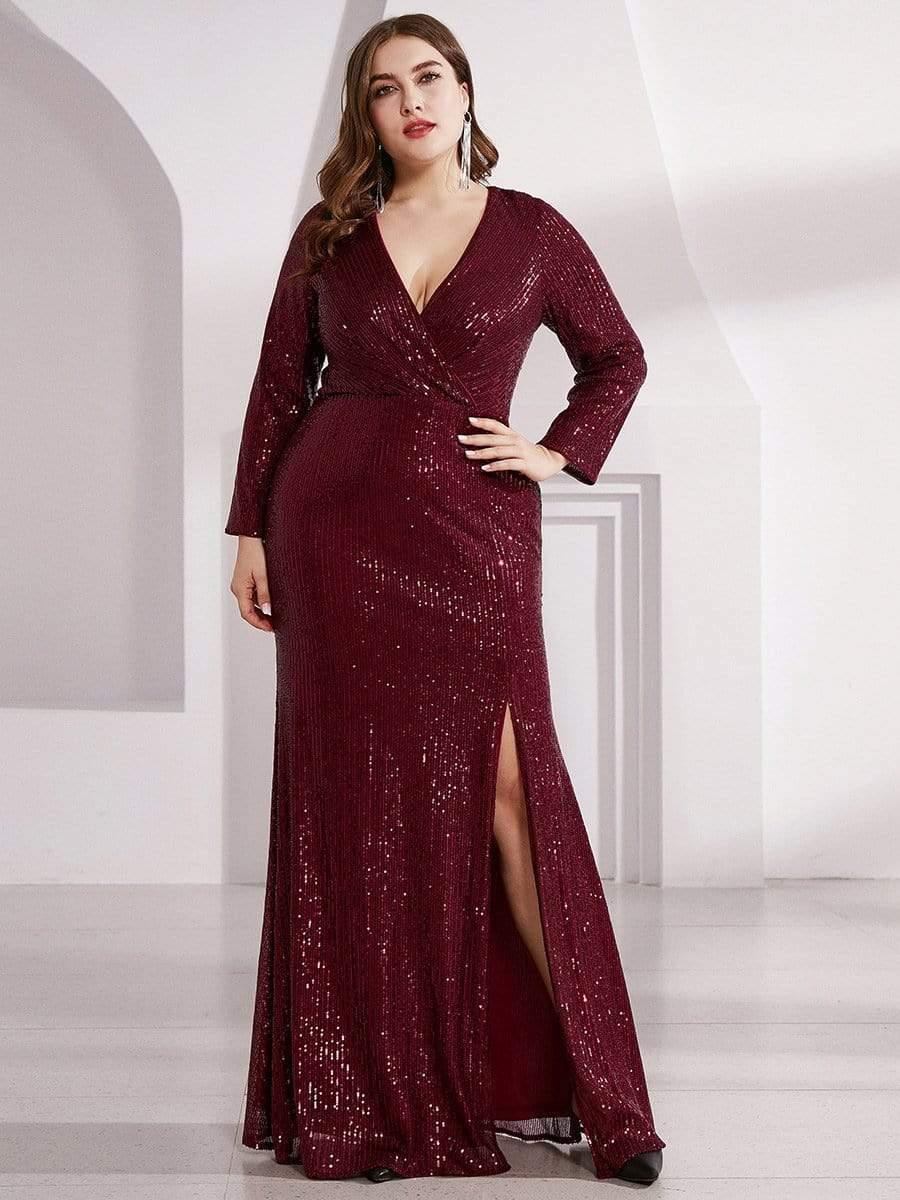 Bodycon Long Sleeves Plus Size V-Neck Sequin Formal Evening Gown with Slit