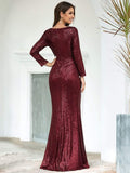 Shiny V-Neck Sequined Long Sleeves Evening Dress with High Slit