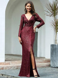 Shiny V-Neck Sequined Long Sleeves Evening Dress with High Slit