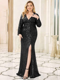 Shiny V-Neck Sequined Long Sleeves Evening Dress with High Slit
