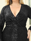 Bodycon Long Sleeves Plus Size V-Neck Sequin Formal Evening Gown with Slit