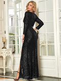 Shiny V-Neck Sequined Long Sleeves Evening Dress with High Slit