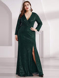 Bodycon Long Sleeves Plus Size V-Neck Sequin Formal Evening Gown with Slit