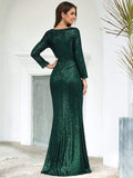 Shiny V-Neck Sequined Long Sleeves Evening Dress with High Slit