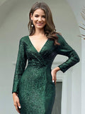 Shiny V-Neck Sequined Long Sleeves Evening Dress with High Slit
