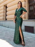 Shiny V-Neck Sequined Long Sleeves Evening Dress with High Slit