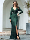 Shiny V-Neck Sequined Long Sleeves Evening Dress with High Slit