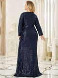 Shiny V-Neck Sequined Long Sleeves Evening Dress with High Slit