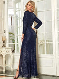 Shiny V-Neck Sequined Long Sleeves Evening Dress with High Slit