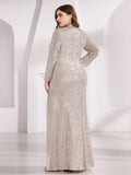 Bodycon Long Sleeves Plus Size V-Neck Sequin Formal Evening Gown with Slit