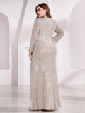 Shiny V-Neck Sequined Long Sleeves Evening Dress with High Slit