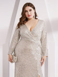 Shiny V-Neck Sequined Long Sleeves Evening Dress with High Slit