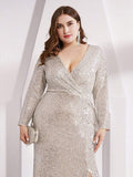 Bodycon Long Sleeves Plus Size V-Neck Sequin Formal Evening Gown with Slit