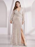 Bodycon Long Sleeves Plus Size V-Neck Sequin Formal Evening Gown with Slit