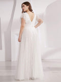 White V-Neck A-Line Plus Size Cap Sleeve Lace Appliques Long Formal Dress